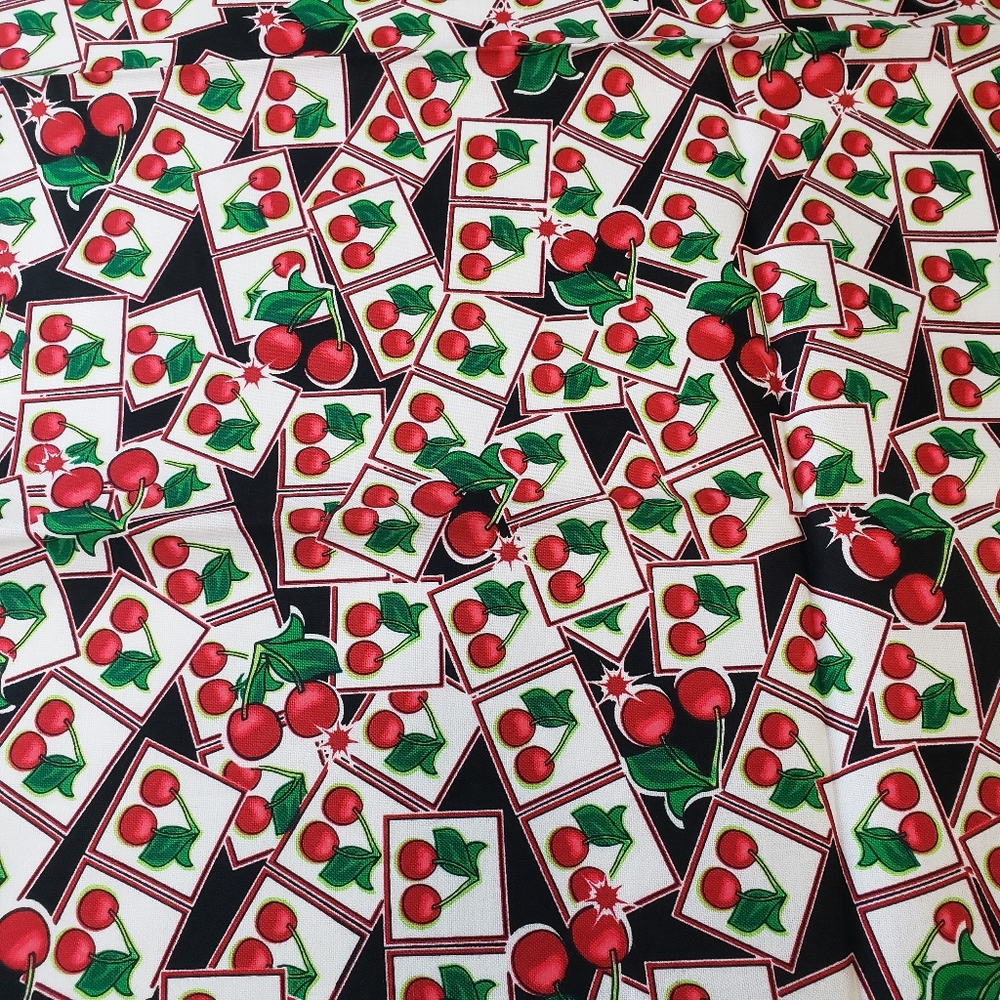 Cherry Print Fabric 18x21 Red Green Retro Kitchen Cotton Look Remnant